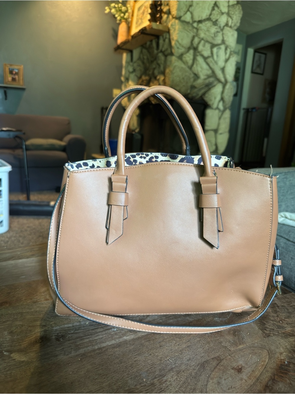 Betsey Johnson Tan Satchel with Leopard-Trim Interior